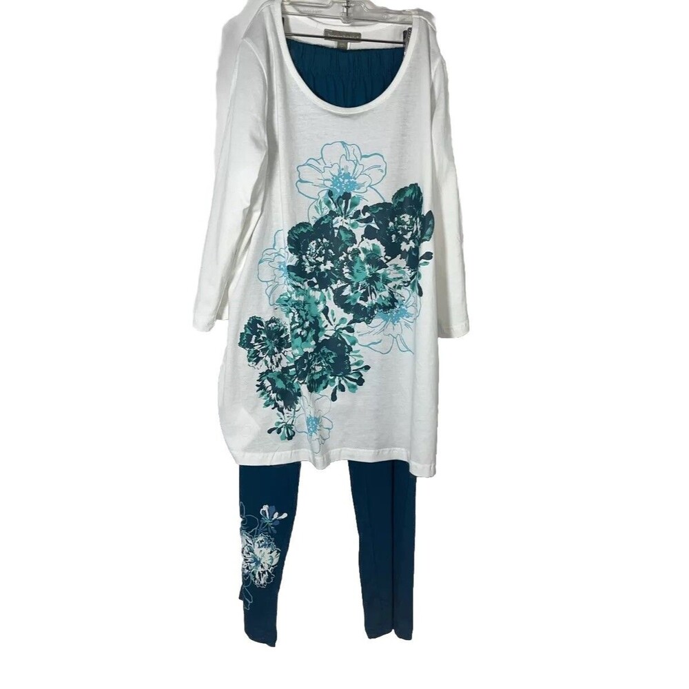 woman Within Floral Tunic And Pant Set Size M 14/16 Teal Color Bohemian